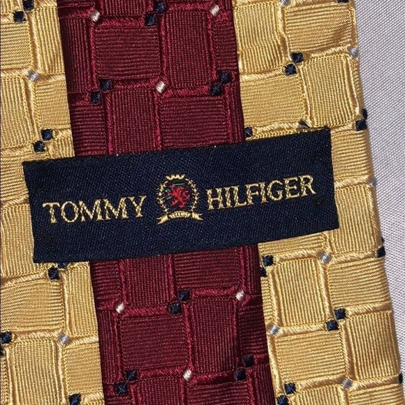 Tommy Hilfiger silk neck tie gold maroon navy squares front burgundy back men OS - Picture 2 of 6